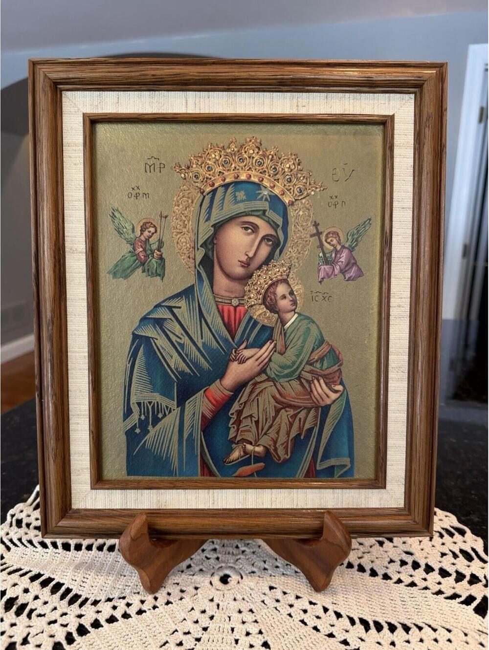 Antique Framed Our Lady Of Perpetual Help Religious Vibrant Colors 12.5x10.5 EUC